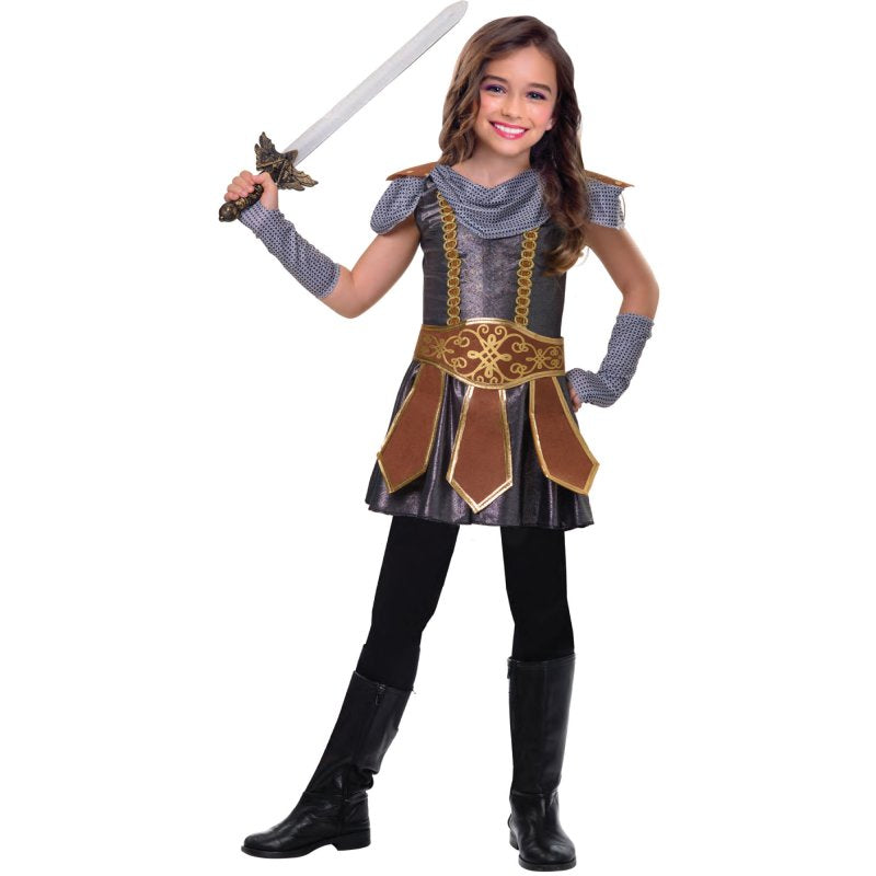 Warrior Cutie costume for girls 9-10 years, featuring a stylish dress, belt, and gloves for adventurous play.