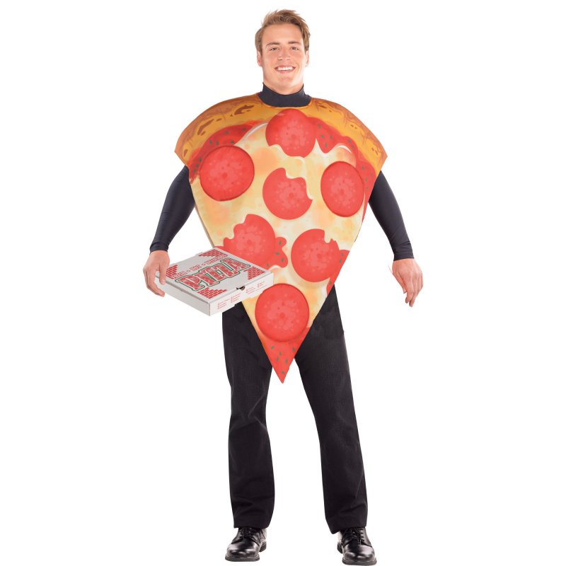 Costume depicting a pizza slice with vibrant colors and realistic toppings, perfect for Halloween and themed events.