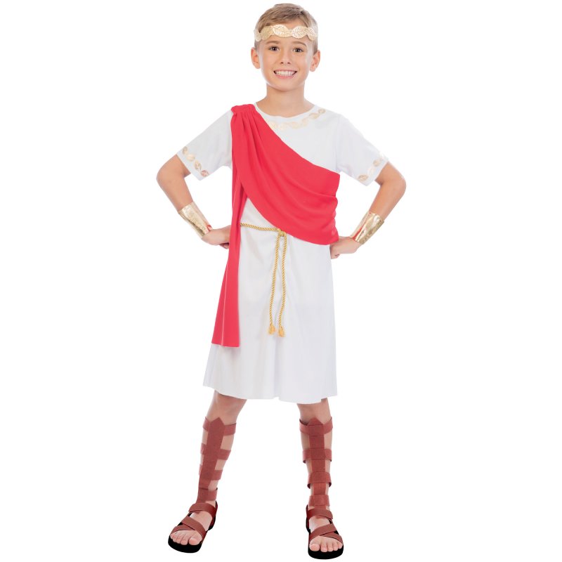 Toga Boy costume for ages 8-10, featuring a classic white toga with gold sash for school plays and themed parties.