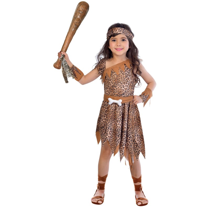 A playful Cavegirl costume for kids ages 4-6, featuring a robe, belt, bandana, and wrist cuffs for imaginative adventures.