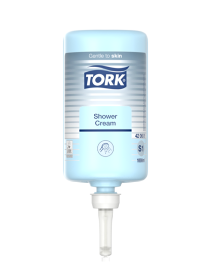 Tork Hair & Body Shower Cream Premium in a 1000ml bottle, featuring a moisturising 2-in-1 formula with a refreshing fragrance.