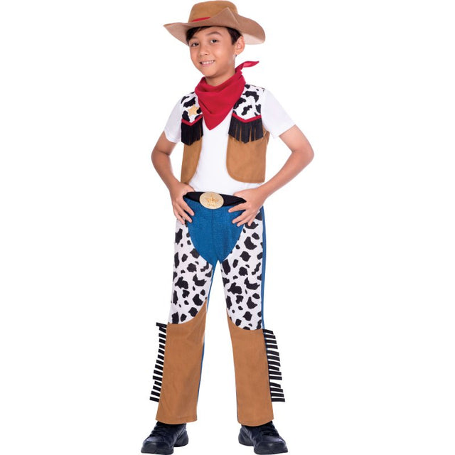 Cowboy costume for kids aged 4-6, featuring trousers, mock waistcoat top, necktie, and classic hat for imaginative play.