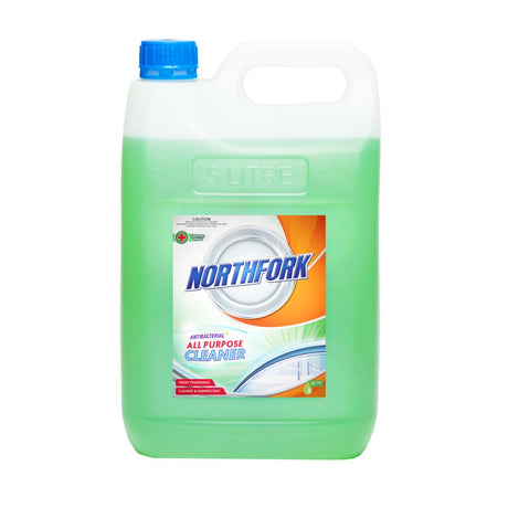 Northfork All Purpose Cleaner Antibacterial 5L bottle featuring a fresh fragrance, safe for all washable surfaces, and eco-friendly.