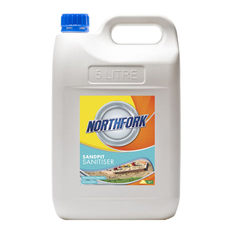 Northfork Sandpit Sanitiser 5L, a professional-strength solution for safe, bacteria-free sandpits in play areas.