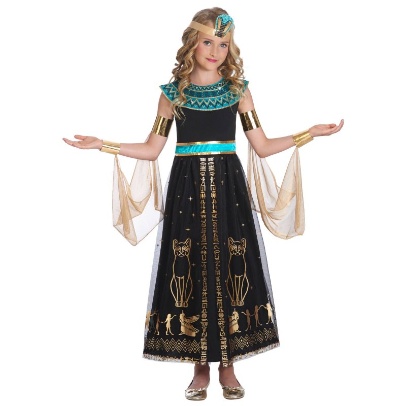 Little girl in Dazzling Cleo costume with elegant dress, headpiece, armbands, and flowing veils, perfect for dress-up fun.