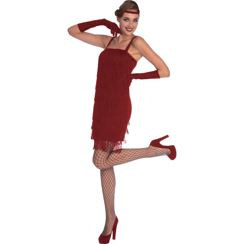 Vibrant red flapper costume for women 14-16, featuring fringe details, a feathered headpiece, and stylish gloves.
