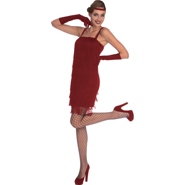 Vibrant red flapper costume for women 14-16, featuring fringe details, a feathered headpiece, and stylish gloves.