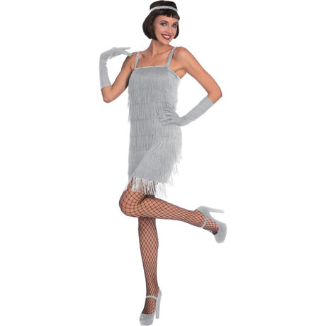 Elegant silver flapper costume for women, featuring fringe detailing, headpiece, and gloves, perfect for 1920s-themed events.