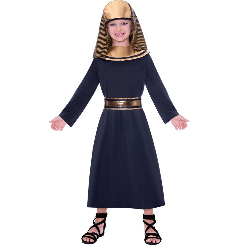 Egyptian Pharaoh costume for boys aged 4-6; includes dress, collar, belt, and headpiece in vibrant colors.