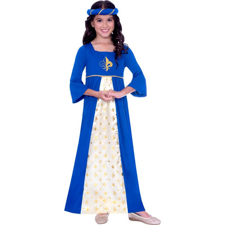 Tudor Princess Blue costume for kids 4-6 yrs, featuring shimmering blue fabric and a regal headpiece for imaginative play.