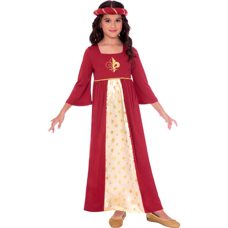 Red Tudor Princess costume for girls aged 10-12, featuring a stunning dress and charming headpiece for imaginative play.