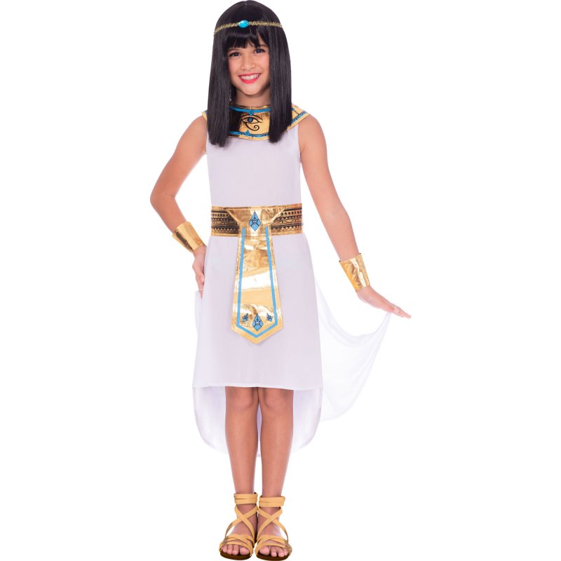 Enchanting Egyptian girl costume for ages 4-6, featuring a dress, collar, belt, headpiece, and wrist cuffs in vibrant colors.