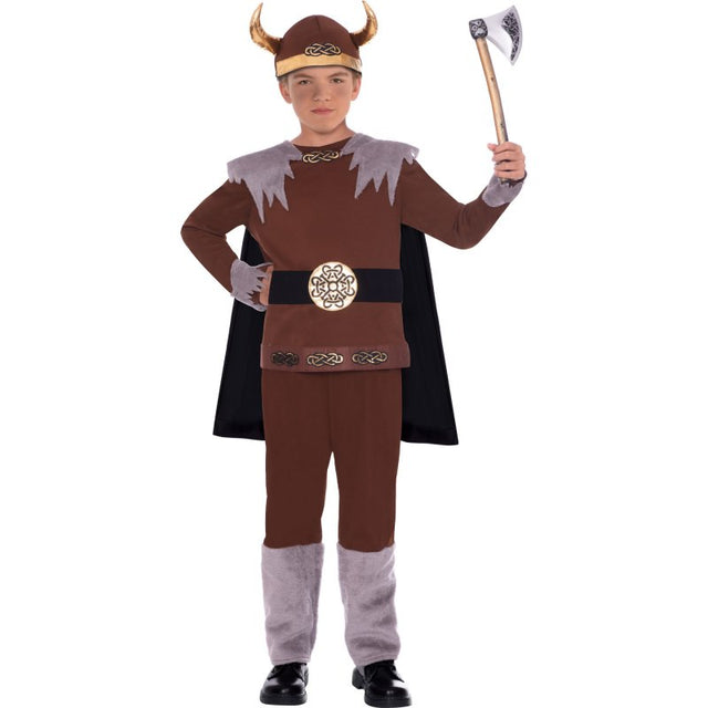 Viking Warrior Costume for ages 6-8, featuring a detailed top, cape, trousers, and hat for imaginative play and adventures.