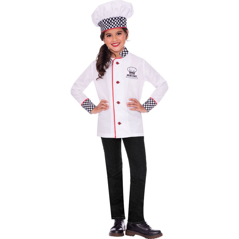 Chef costume for kids aged 6-8 featuring a stylish jacket and hat, perfect for culinary play and creativity.