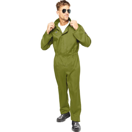 Men's Large Pilot Jumpsuit featuring aviation details, glasses, and dog tags for themed parties and Halloween costumes.