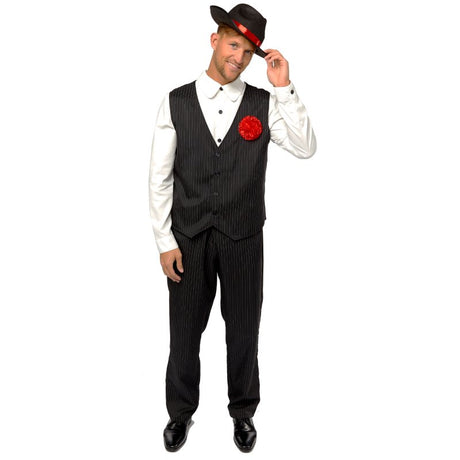 Gangster Man costume with mock waistcoat, tailored trousers, and classic hat, embodying 1920s vintage charm.