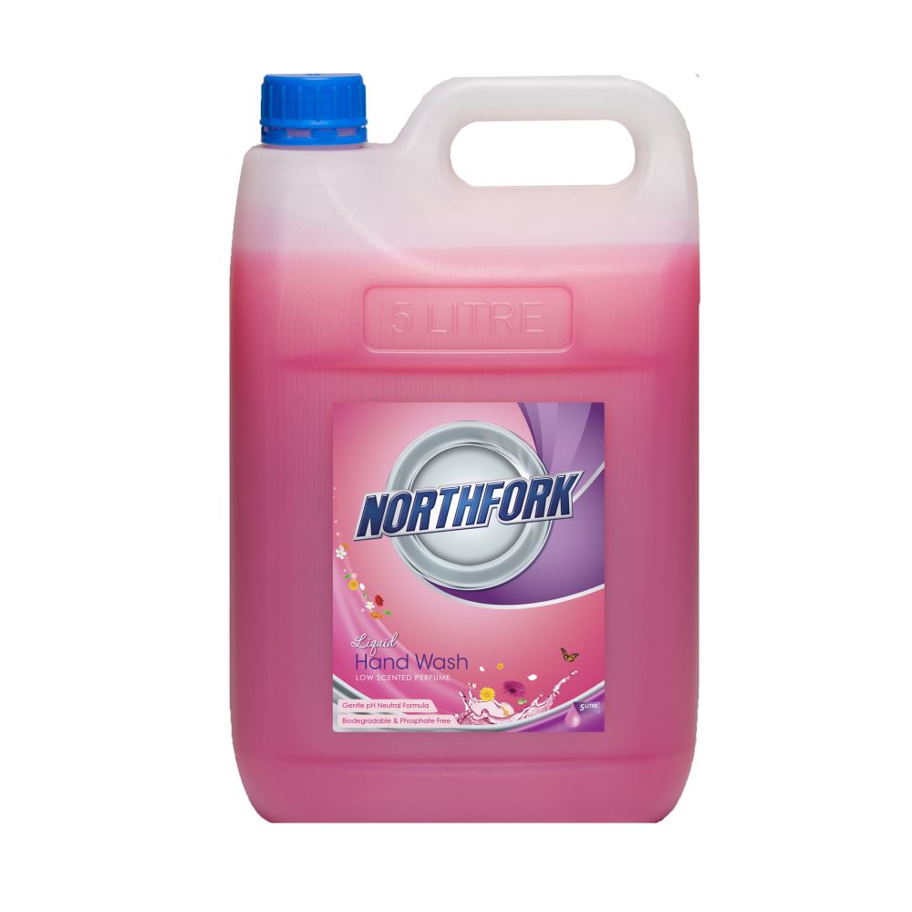 Northfork Liquid Hand Wash 5L in pale pink, gentle and pH-neutral for effective hand hygiene in bathrooms and food service areas.