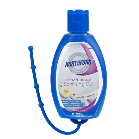 NORTHFORK hand sanitizing gel in silicone case, 70ml, kills 99.9% germs, non-greasy, quick-drying, with vanilla scent.