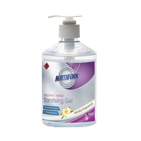 Northfork Instant Hand Sanitising Gel 500ml, kills 99.9% of germs, dries quickly, and leaves a pleasant vanilla scent.