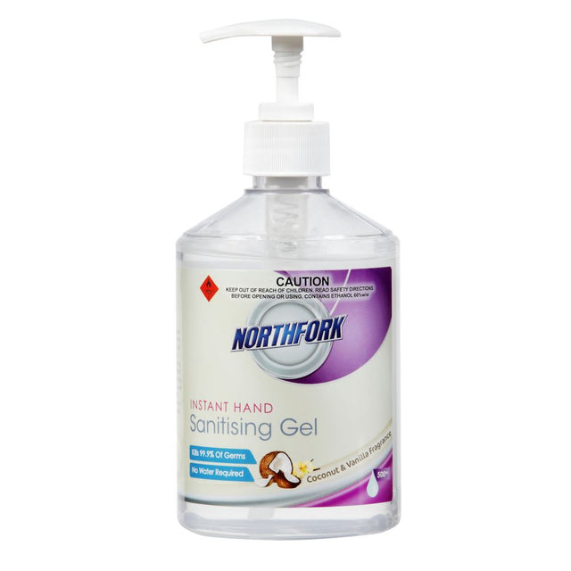 Northfork 500ml Instant Hand Sanitising Gel in Coconut, kills 99.9% of germs, non-greasy, rapid evaporation, pleasant scent.