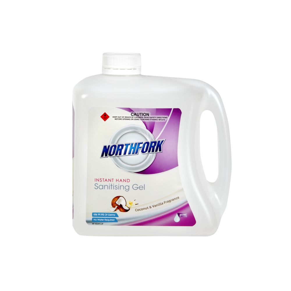 Northfork 2L Hand Sanitiser Gel with Vanilla & Coconut scent, kills 99.9% of germs, non-greasy, quick-drying formula.