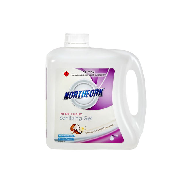 Northfork 2L Hand Sanitiser Gel with Vanilla & Coconut scent, kills 99.9% of germs, non-greasy, quick-drying formula.