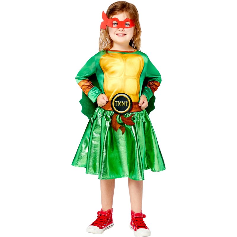 TMNT Girls Costume for ages 6-8, featuring a vibrant dress with padded shell and four interchangeable eye masks.