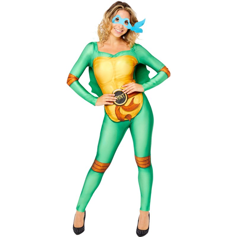 TMNT costume for women (size 16-18) featuring a vibrant jumpsuit, padded shell, and four eye masks for cosplay fun.