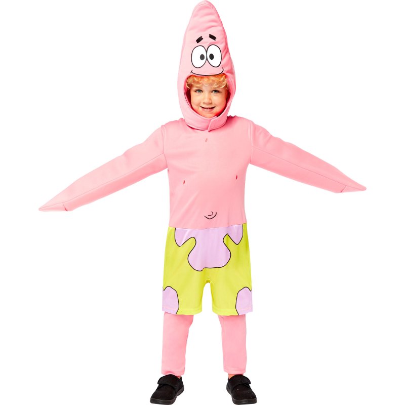 Vibrant SpongeBob Patrick costume for boys, includes foam jumpsuit with shorts and matching headpiece, ideal for ages 3-4.