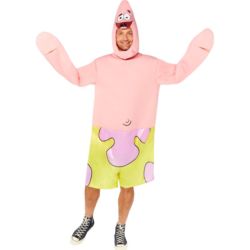 Men's Large Patrick Costume featuring a foam jumpsuit, attached shorts, and a matching headpiece for fun cartoon-inspired parties.