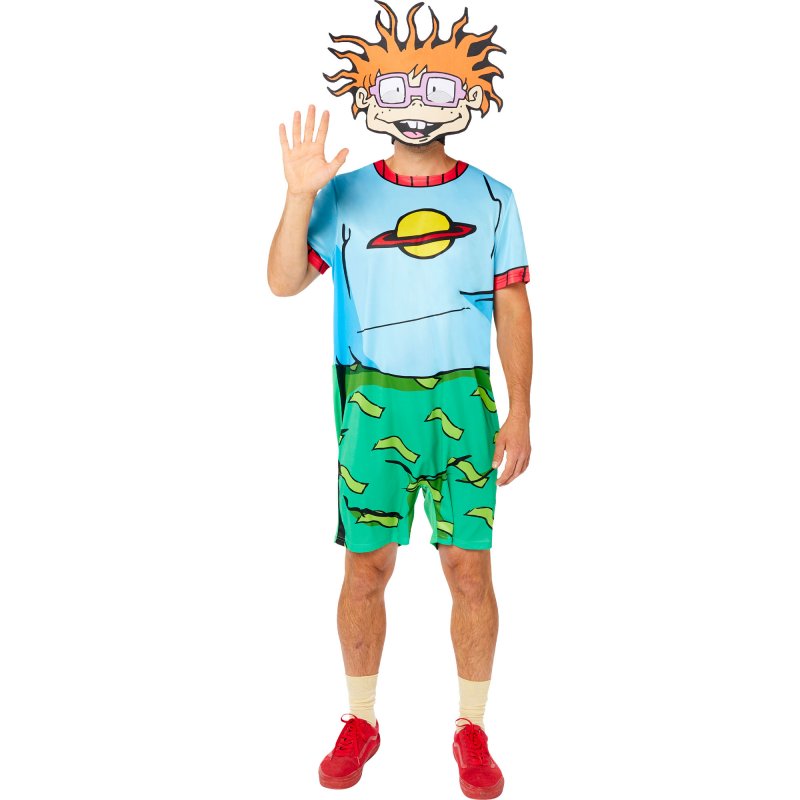 Men's Medium Chuckie costume featuring a vibrant jumpsuit and high-quality mask for a spooky Halloween look.