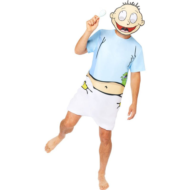 Tommy Pickles costume for men featuring jumpsuit and mask, perfect for nostalgic events and Halloween parties.