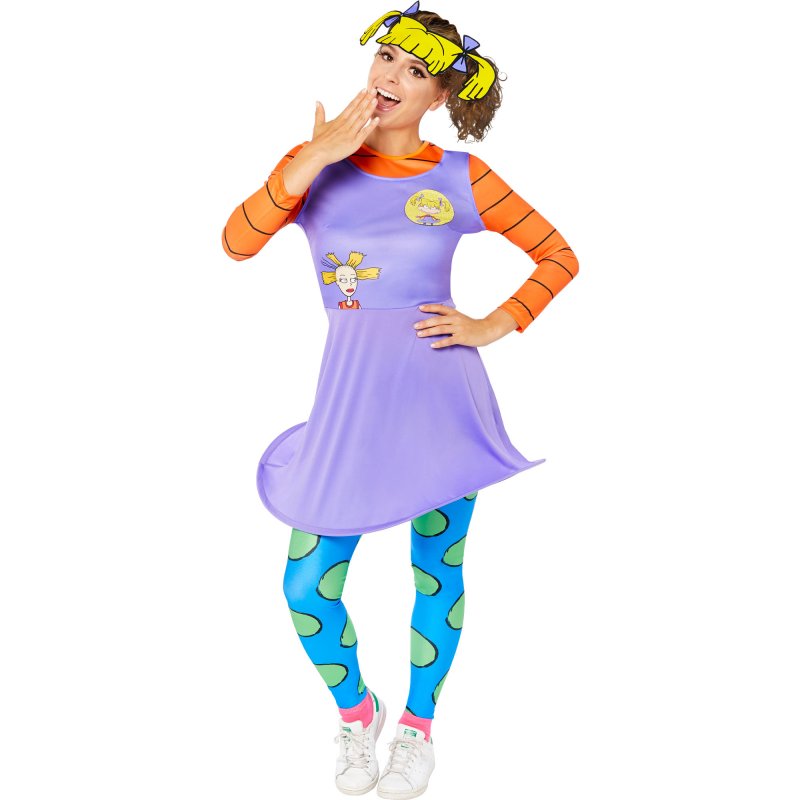 Whimsical women's Angelica costume (size 10-12) featuring a hooped dress, headpiece, and tights for fantasy-themed events.