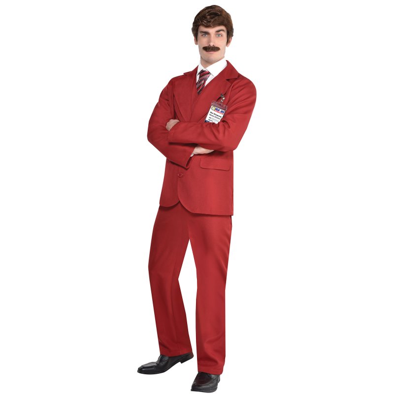 Men's XL Ron Burgundy costume featuring a vibrant jacket, trousers, tie, and ID badge, perfect for themed parties and Halloween.