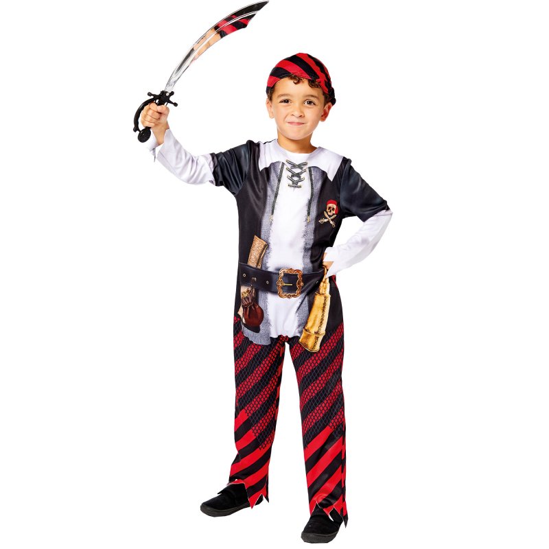 Sustainable Pirate Boy Costume with printed jumpsuit and matching headpiece for eco-friendly imaginative play (ages 4-6).