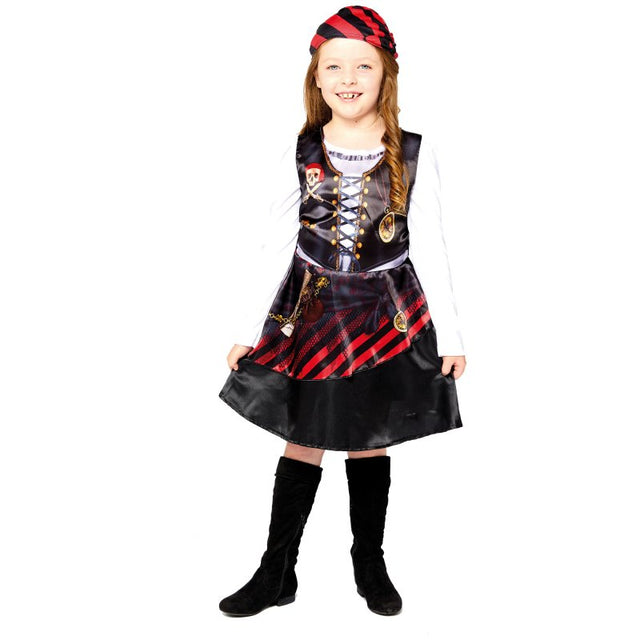 Eco-friendly Sustainable Pirate Girl costume with vibrant printed dress and charming headpiece for ages 3-4 years.