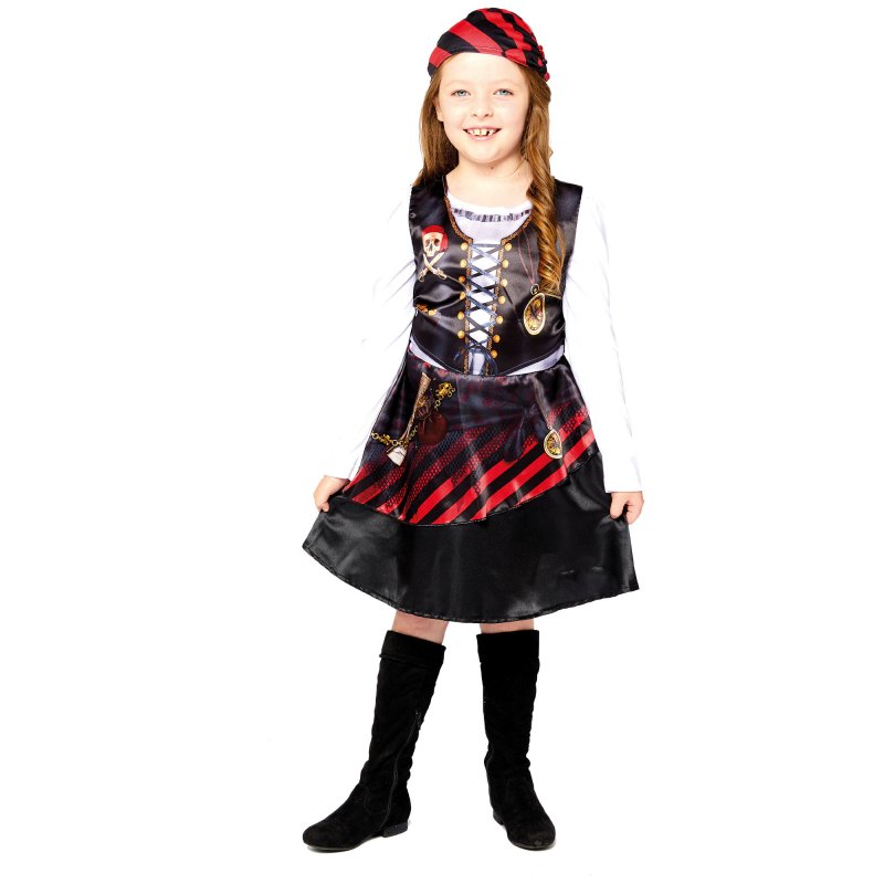 Sustainable Pirate Girl Costume for ages 6-8, featuring a printed dress and headpiece for imaginative play and eco-friendly fun.