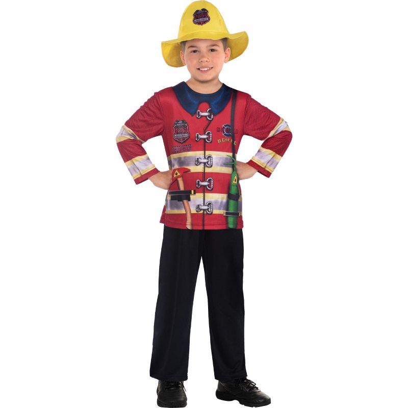 Sustainable Fireman Costume for toddlers aged 2-3, featuring a vibrant printed top and stylish fireman hat.