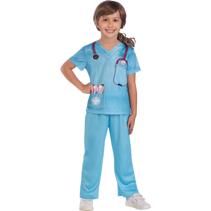 Sustainable Doctor Costume for kids with printed top, trousers, and mask, promoting eco-friendly imaginative play.