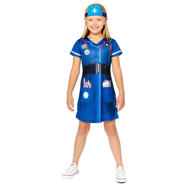 Eco-friendly nurse costume for kids 3-4 years, featuring a printed dress and headpiece for imaginative play.