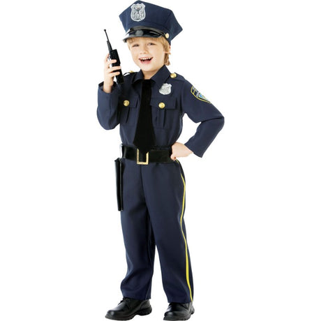 Police Officer costume for boys (8-10yrs) with hat, shirt, trousers, holster, and walkie-talkie, perfect for imaginative play.