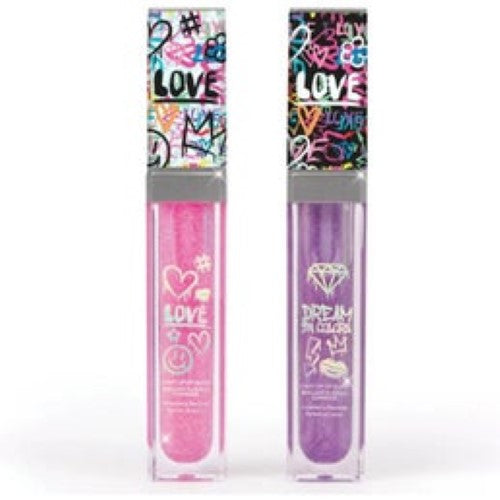 Vibrant 2-pack light-up lip gloss in pink and lavender with graffiti design, perfect for fun-loving tweens and teens.