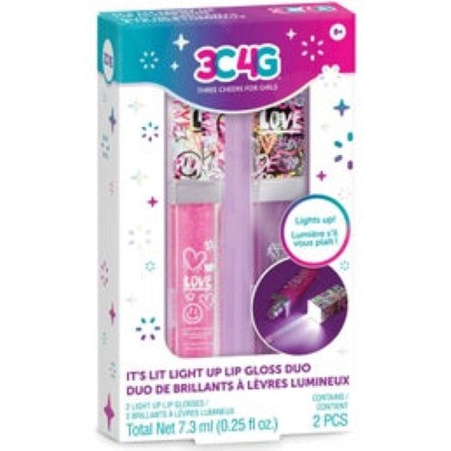 Colorful 3C4G Graffiti lip gloss set with light-up wands, featuring pink and lavender shimmers in glittery, strawberry-flavored gloss.