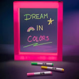 Colorful LED message board with dry erase markers for kids, perfect for creative expression and room decor.