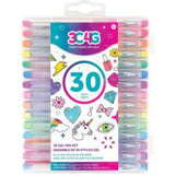 Boxed set of 30 colorful gel pens for kids, including metallic, pastel, neon, rainbow, and glitter options, plus stickers.