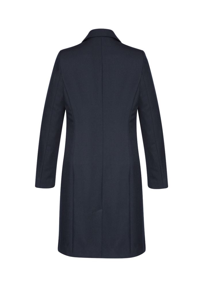 Elegant midnight overcoat for women, 2XL, featuring wool blend, jacquard lining, concealed buttons, and side pockets.