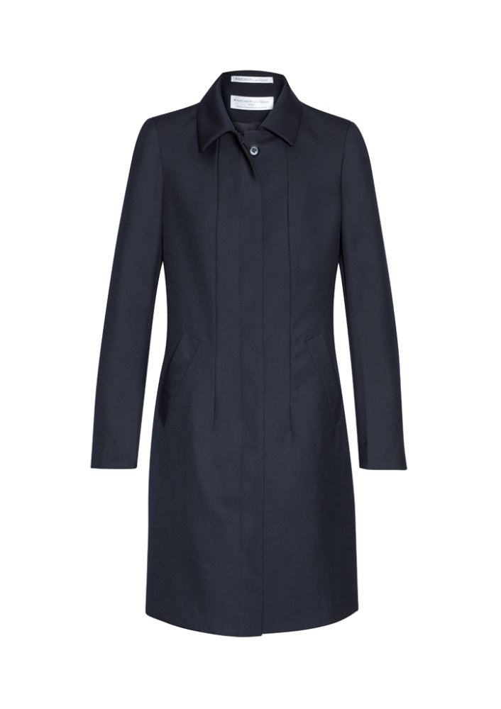 Elegant ladies lined overcoat in Midnight, crafted from wool and polyester, featuring a concealed button front and side pockets.