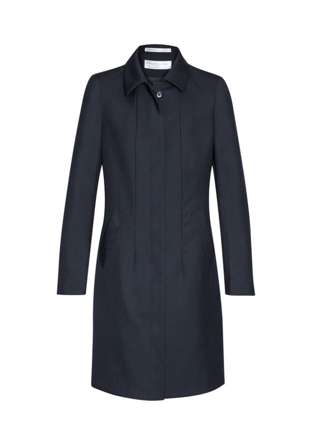 Elegant ladies lined overcoat in Midnight, crafted from wool and polyester, featuring a concealed button front and side pockets.