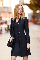 Elegant midnight blue lined overcoat for women in 2XL, featuring concealed buttons and jacquard stretch lining for comfort.