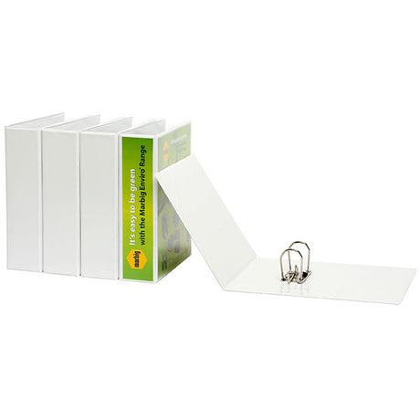 Eco-friendly Marbig L/Arch C/View A4 lever arch file in white, holds 375 sheets, features locking mechanism and customizable cover.